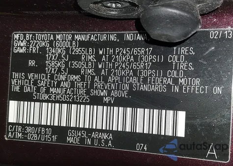 2013 Toyota Highlander Base V6 from USA, damaged, VIN 5TDBK3EH5DS213225